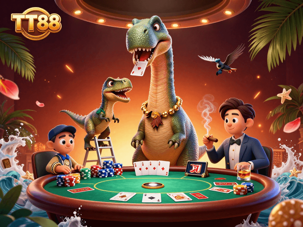 Raise the stakes at TT88 with this vibrant online casino scene featuring unique characters and game elements.
