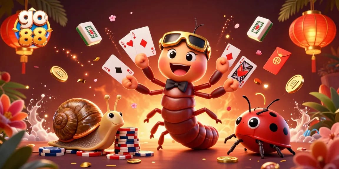 Experience the thrill of go 88 at this vibrant casino scene with a cartoon millipede dealer and lively game elements.
