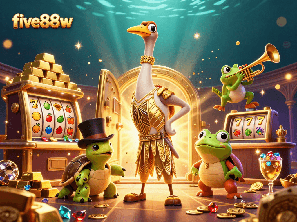 Experience the excitement at five88w with vibrant slot machines and charming characters in a lively casino scene.
