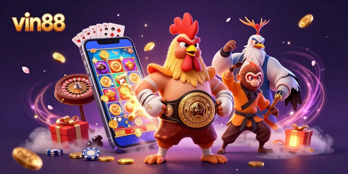 Experience vin88’s vibrant gaming world with a Muay Thai rooster, martial artist, and wise crane amidst festive casino elements.