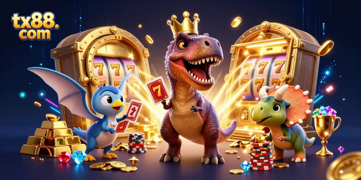 Engage with tx88. com's thrilling games as a T-Rex shuffles cards and a triceratops stacks golden chips.