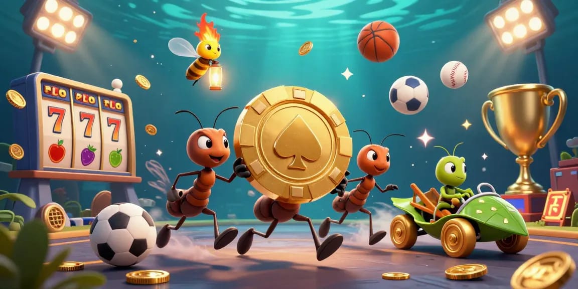 Experience the adventure of HITCLUB with animated characters carrying a massive poker chip in a dynamic gambling environment.