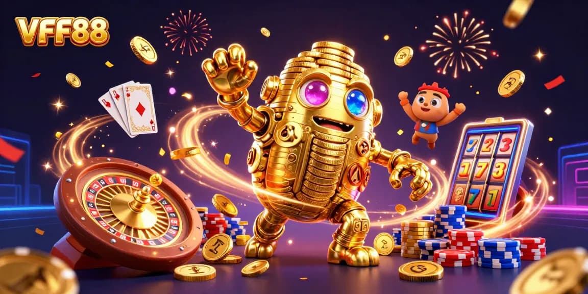 Experience thrilling wins with VFF88's dynamic 3D casino adventure featuring golden golems, coins, and slot reels.