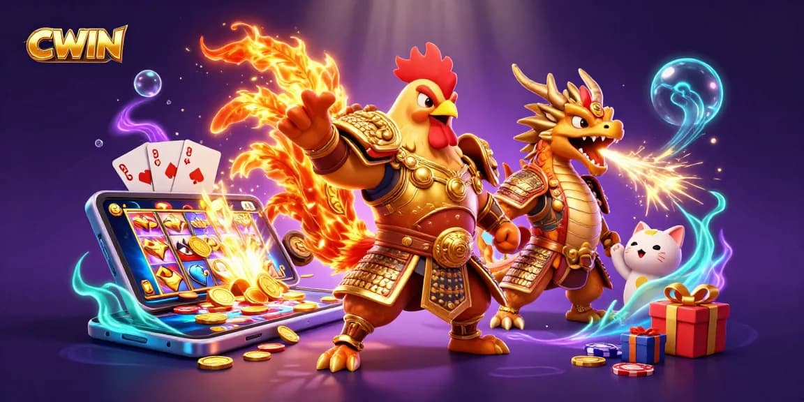 CWIN introduces an action-packed gaming scene with a warrior rooster, dragon hatchling, and vibrant casino elements.