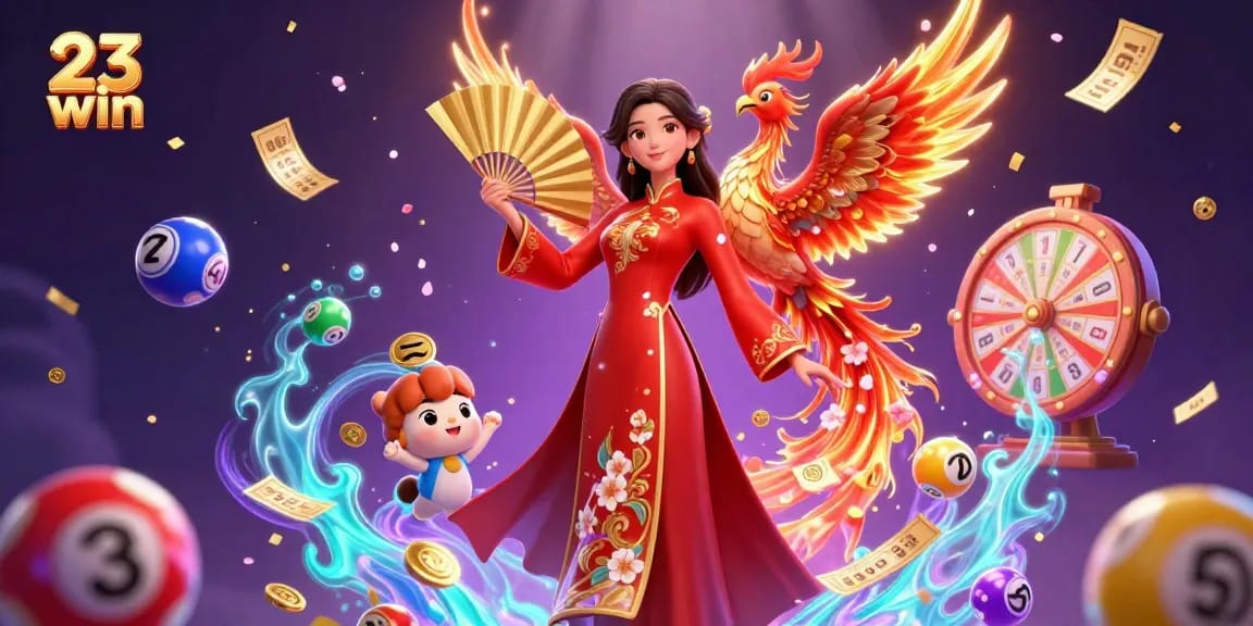 Revel in the excitement of 23 win with enchanting 3D visuals showcasing vibrant lottery elements and dynamic gaming energy.