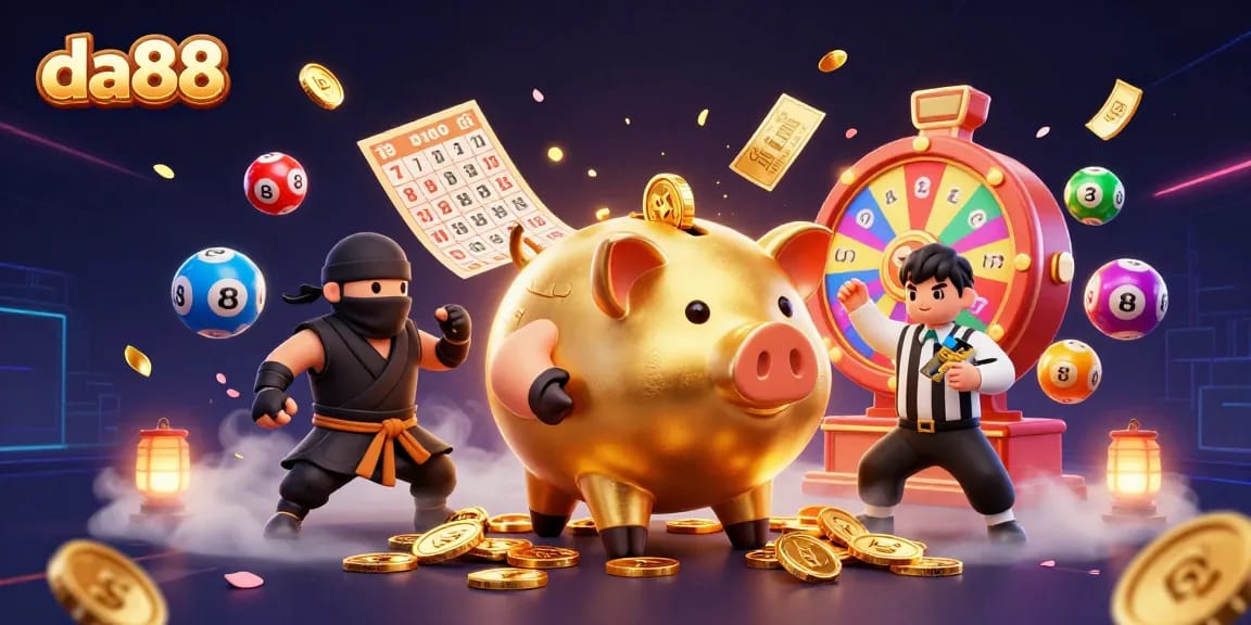 Engage with da88's exciting gameplay featuring dynamic lottery balls and colorful casino elements.