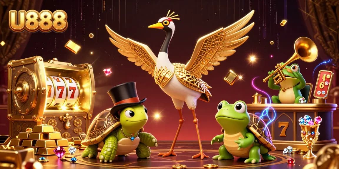 U888 players engaging with vibrant slot machines surrounded by gold and jewels.