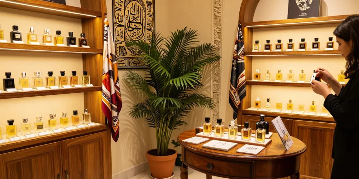 Ontdek de verfijning van Lattafa parfum in een elegante parfumwinkel met warme verlichting en luxe displays.
