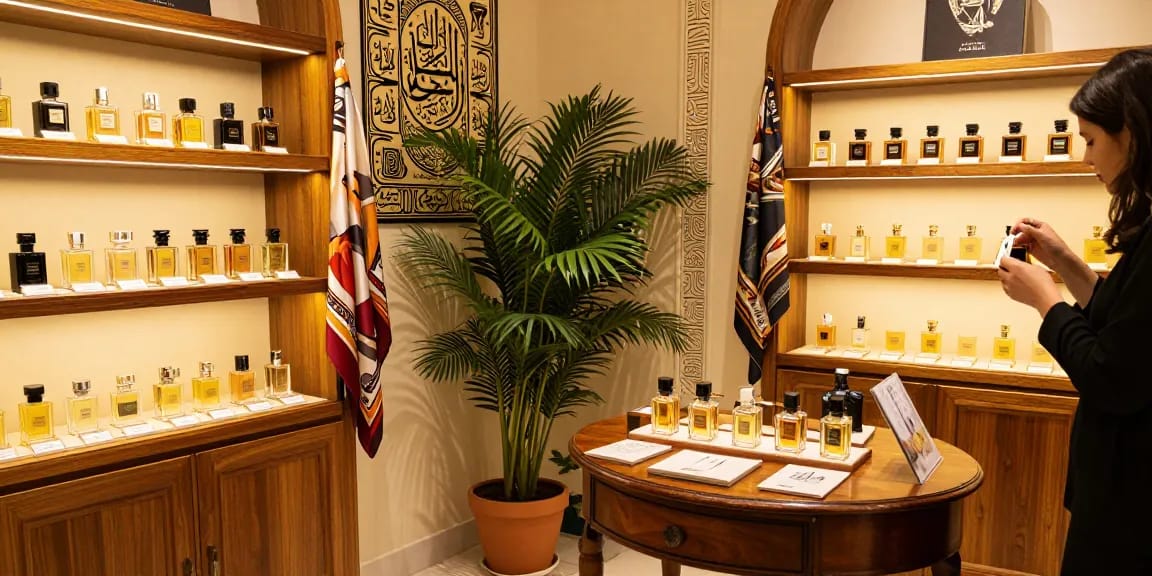 Ontdek de verfijning van Lattafa parfum in een elegante parfumwinkel met warme verlichting en luxe displays.