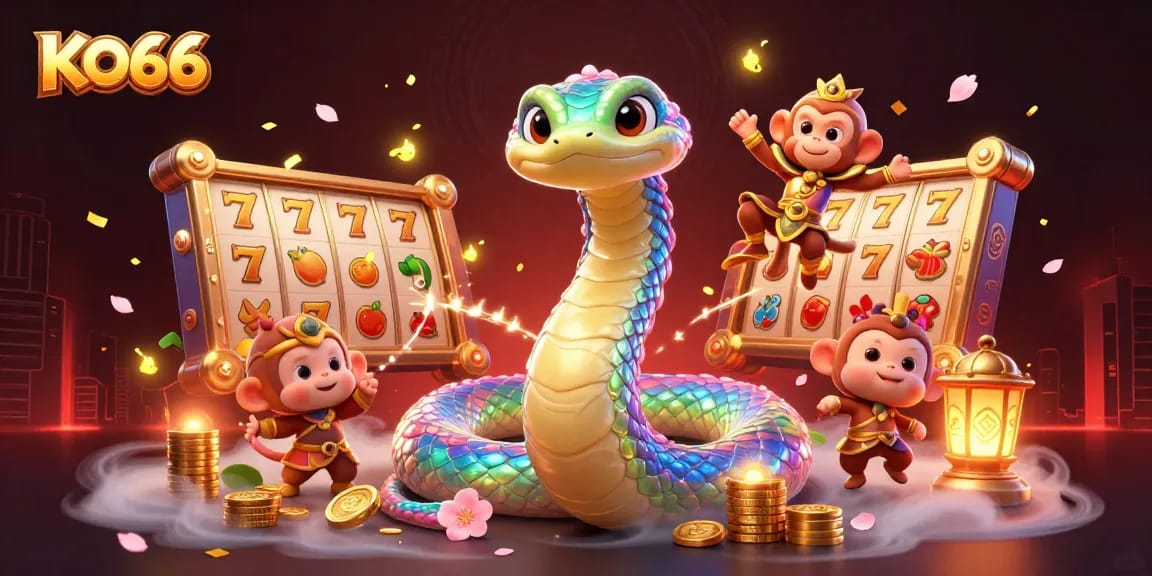 Engage in thrilling gameplay at KO66 Casino with vibrant slot reels, lucky symbols, and magical visuals.