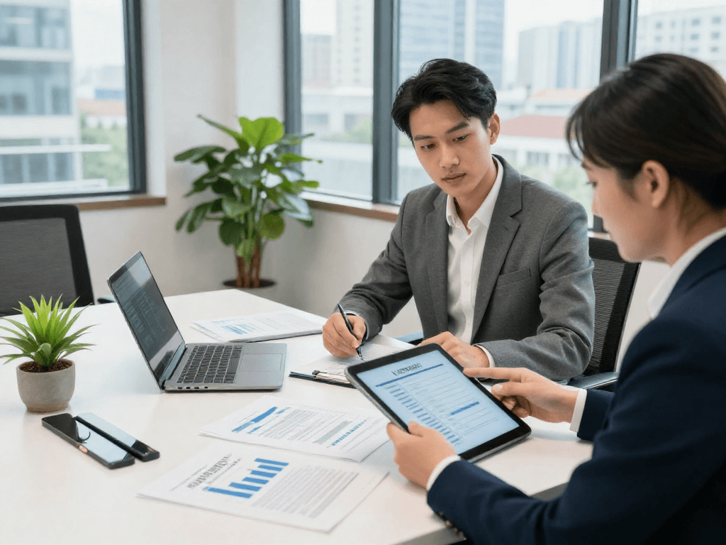 Professionele bespreking van zakelijk krediet met financiële adviseur en cliënt in moderne kantoorruimte.