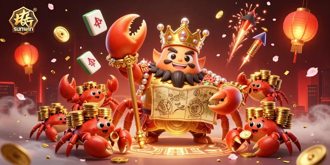 Experience thrilling gameplay with sunwin’s colorful 3D casino illustration featuring a golden crab emperor and playful gaming elements.