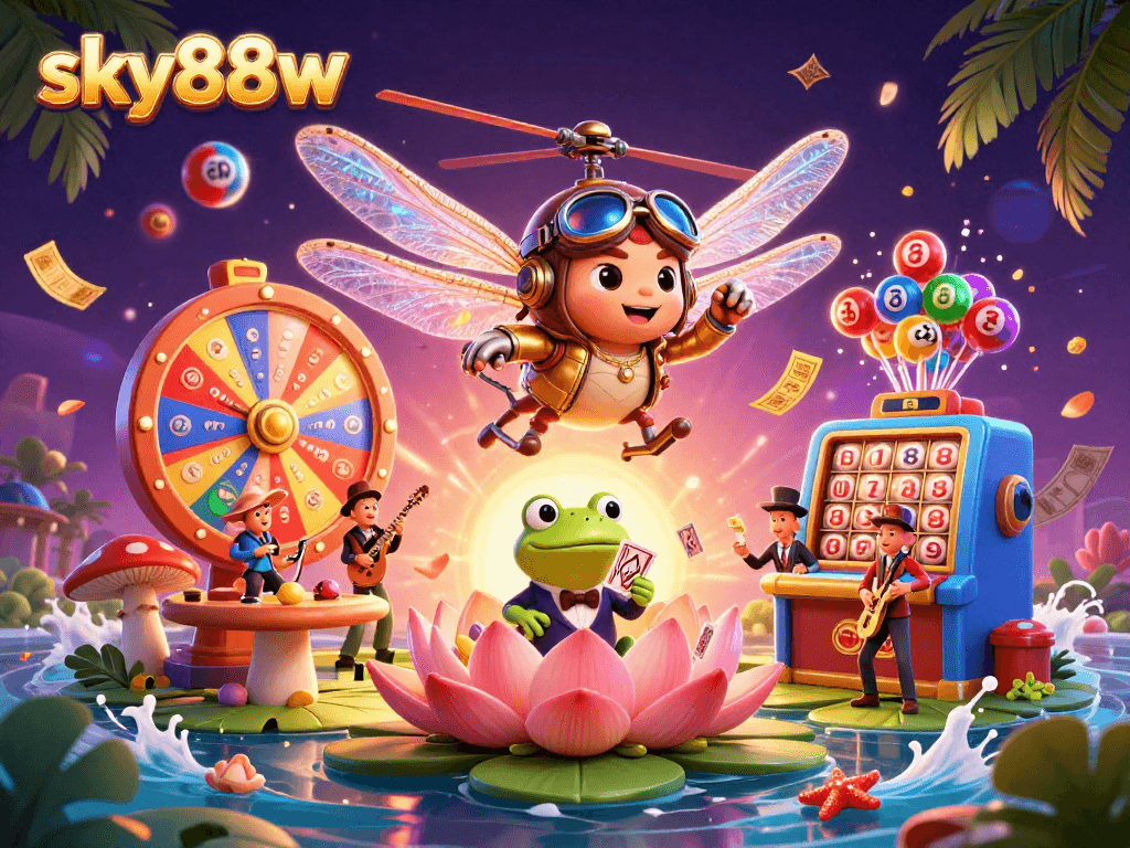 Sky88w offers an engaging gambling experience with vibrant casino elements, lottery balls, and dynamic croupiers.