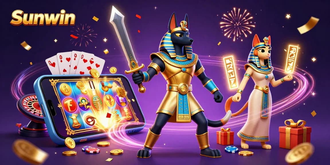 Experience Sunwin's excitement with Anubis and Bastet amidst vibrant casino elements.