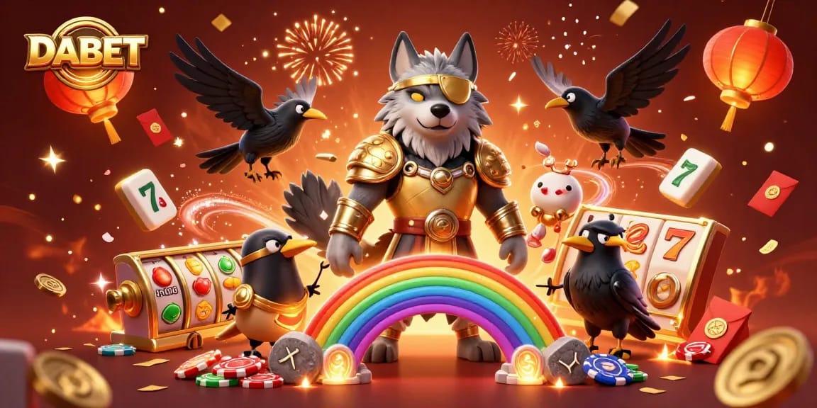 DABET showcases exciting slot adventures with a vibrant 3D casino illustration of a hero wolf and dynamic game elements.