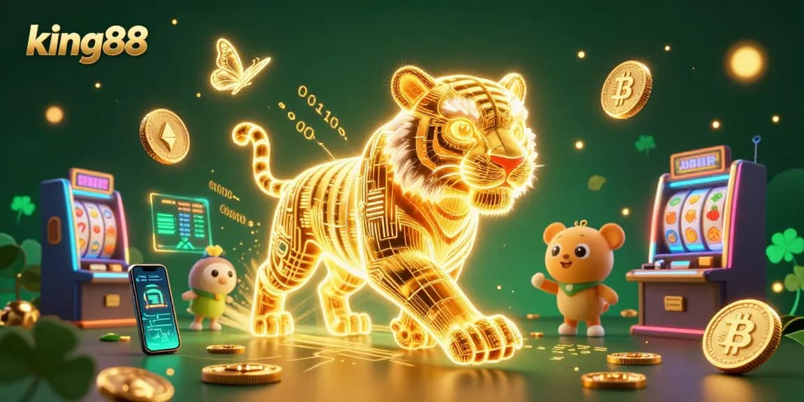 Engage with king88 through an exciting digital casino experience highlighting slot machines and crypto elements.