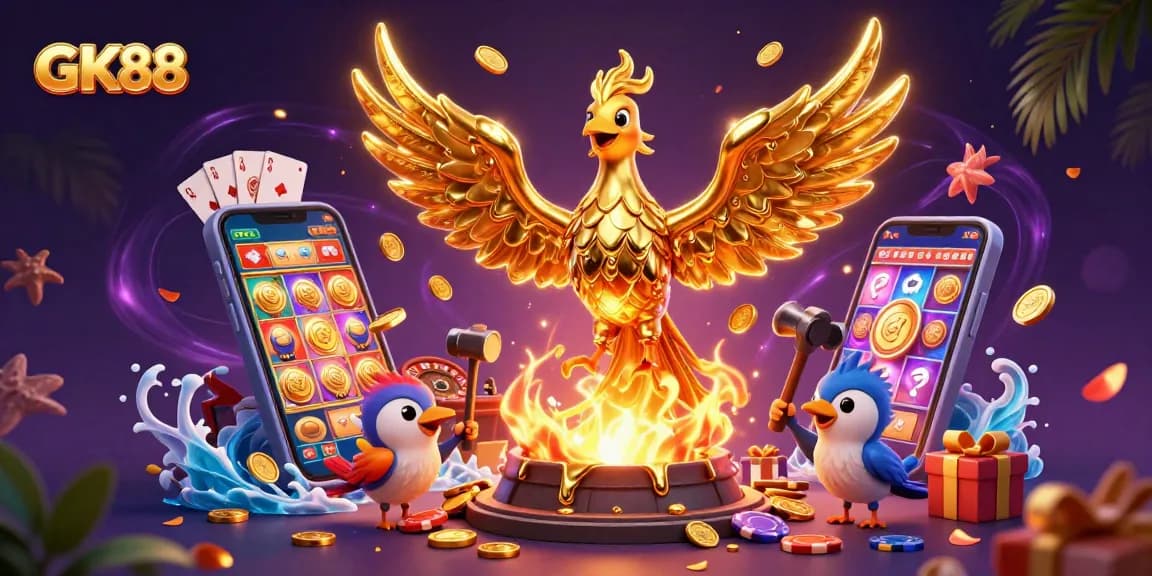 Experience GK88 thrilling action with a molten golden phoenix amidst interactive casino elements.
