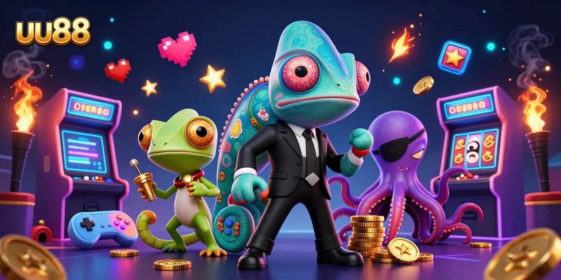 uu88 reveals a dynamic scene with a secret agent chameleon and gaming elements representing fun!