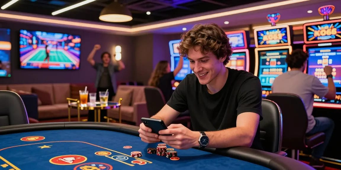 Exciting KO66 online gaming scene with a man playing poker on a mobile device in a vibrant atmosphere.
