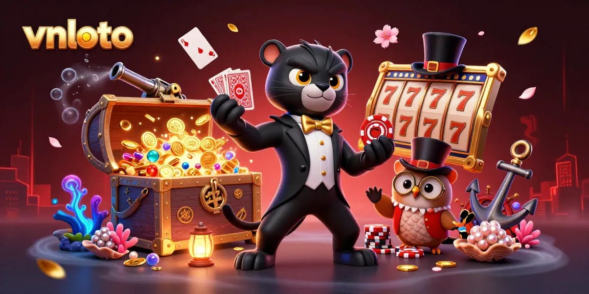 Experience thrilling jackpots at vnloto while a stylish panther deals cards in an energetic casino setting.
