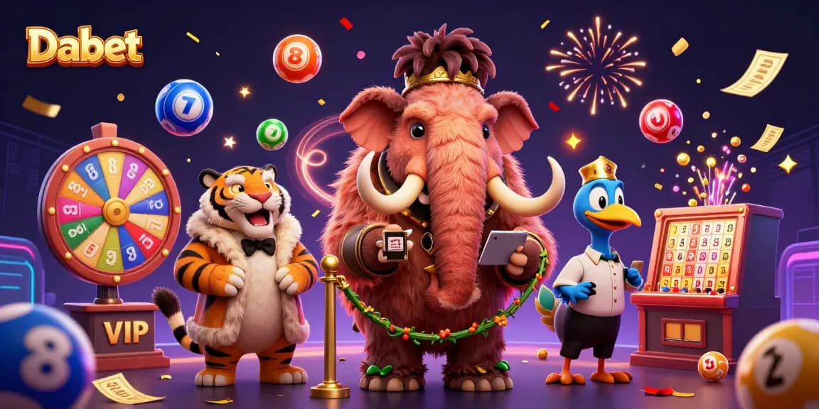 Dabet showcases a vibrant casino scene with a woolly mammoth bouncer checking IDs, engaging players in a dynamic gaming atmosphere.