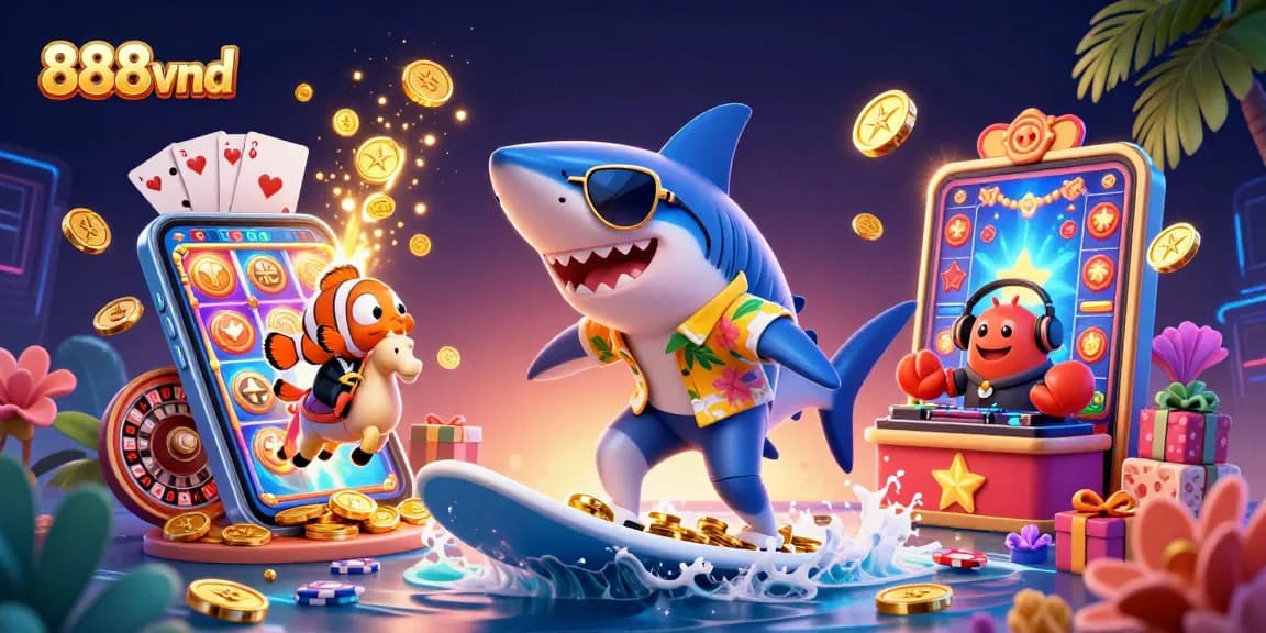 Experience thrilling gameplay at 888vnd with a vivid 3D scene of casino elements and characters.