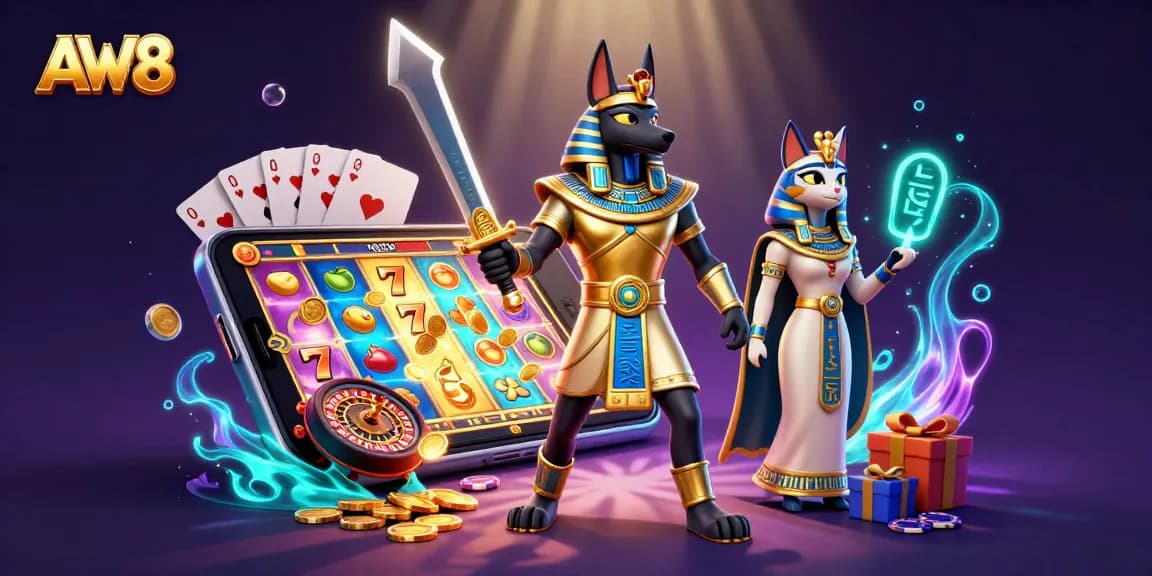 AW8 slot game features Anubis and Bastet in a vibrant, cartoon-style casino scene
