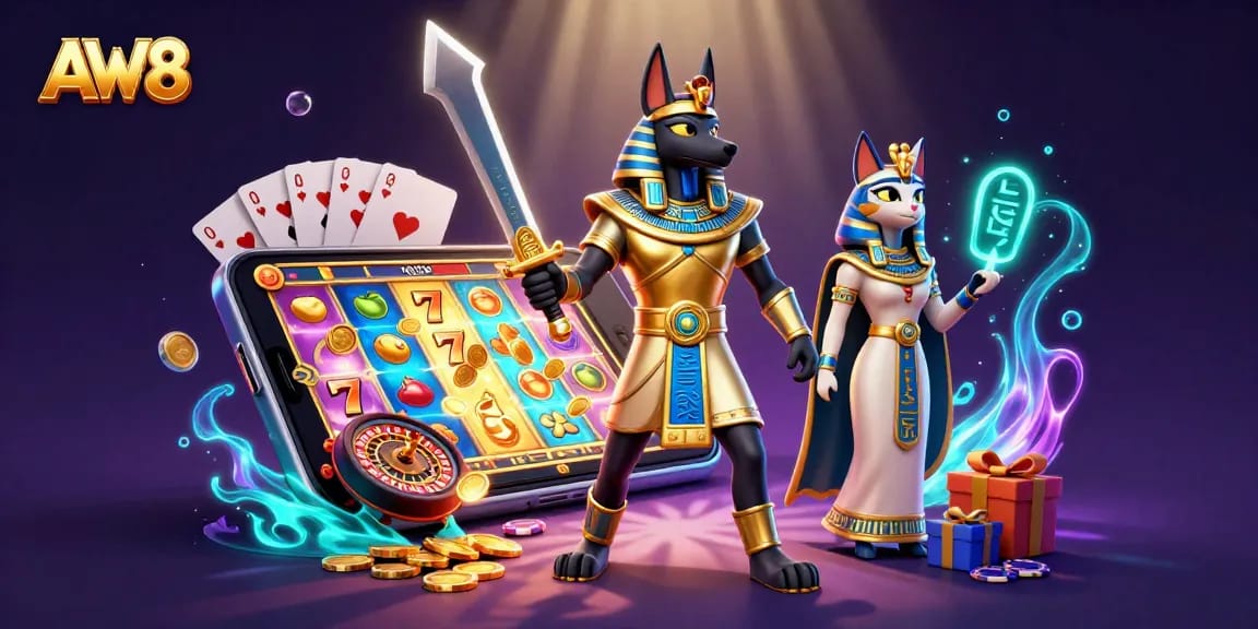 AW8 slot game features Anubis and Bastet in a vibrant, cartoon-style casino scene