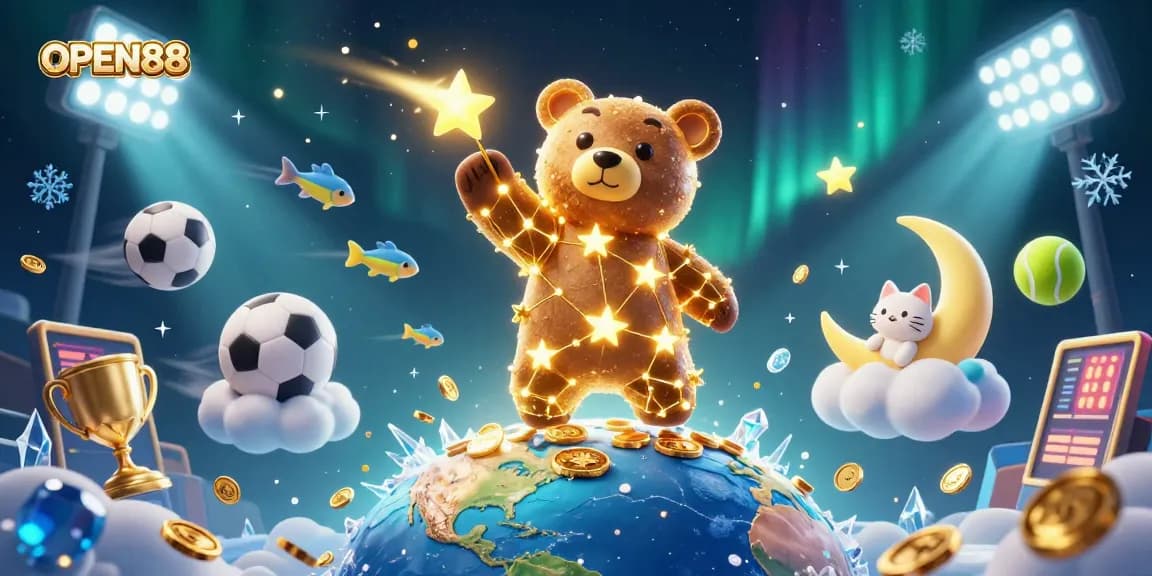 Engage in thrilling gameplay and explore the dynamic world of OPEN88 with festive characters and vibrant casino elements.