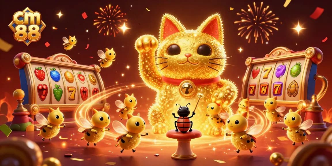 Play exciting slot games with cm 88 featuring a vibrant lucky cat and festive casino elements