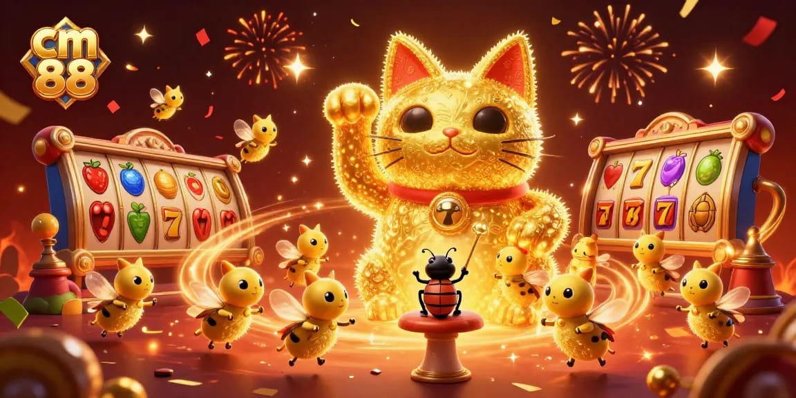 Play exciting slot games with cm 88 featuring a vibrant lucky cat and festive casino elements