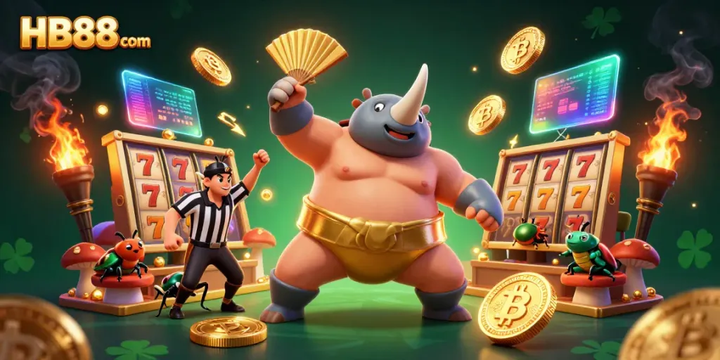 Experience thrilling times at HB88 com as a beetle champion celebrates a jackpot win surrounded by slot reels and gold coins.