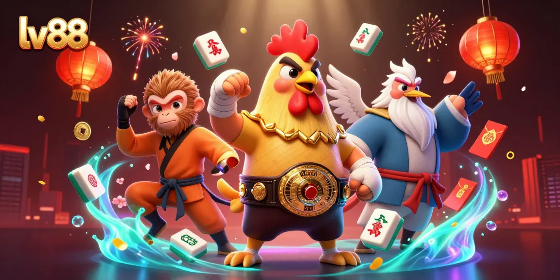 Experience the excitement of lv88 online gaming with a dynamic 3D casino illustration featuring a Muay Thai rooster and more.