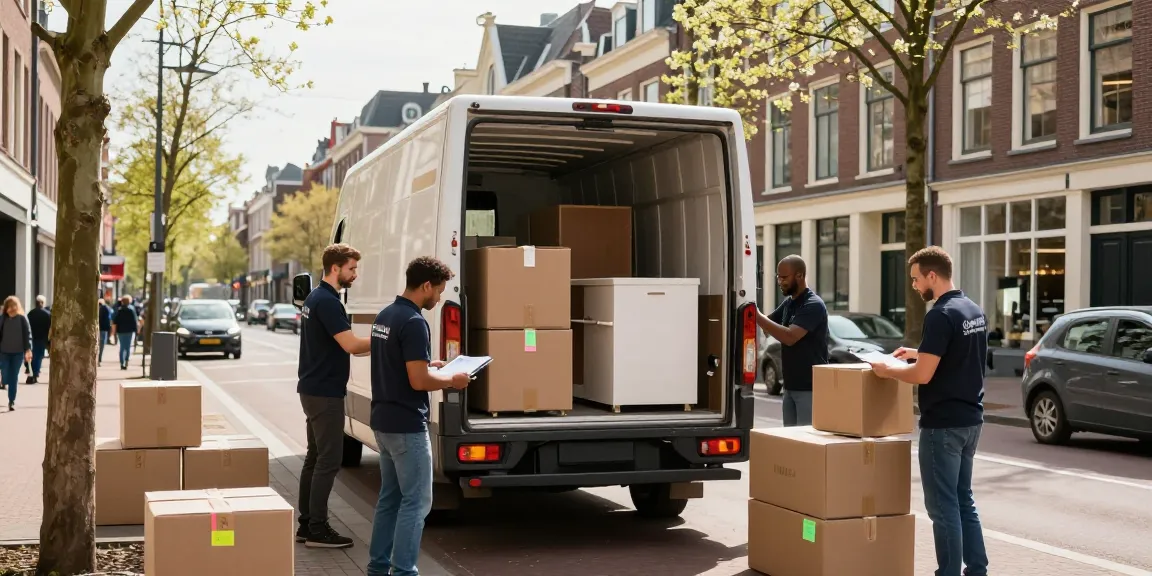 Movers from verhuisbedrijf den haag loading boxes into a truck on urban street.