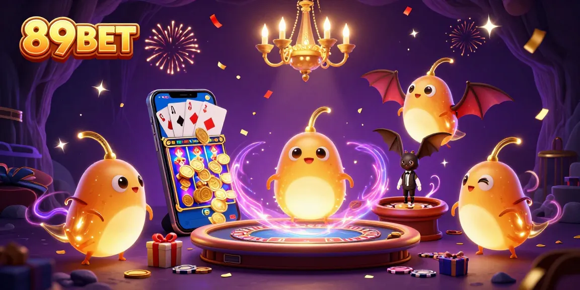 Experience the excitement of 89BET with a lively casino scene illuminated by glowworms and a bat dealer.