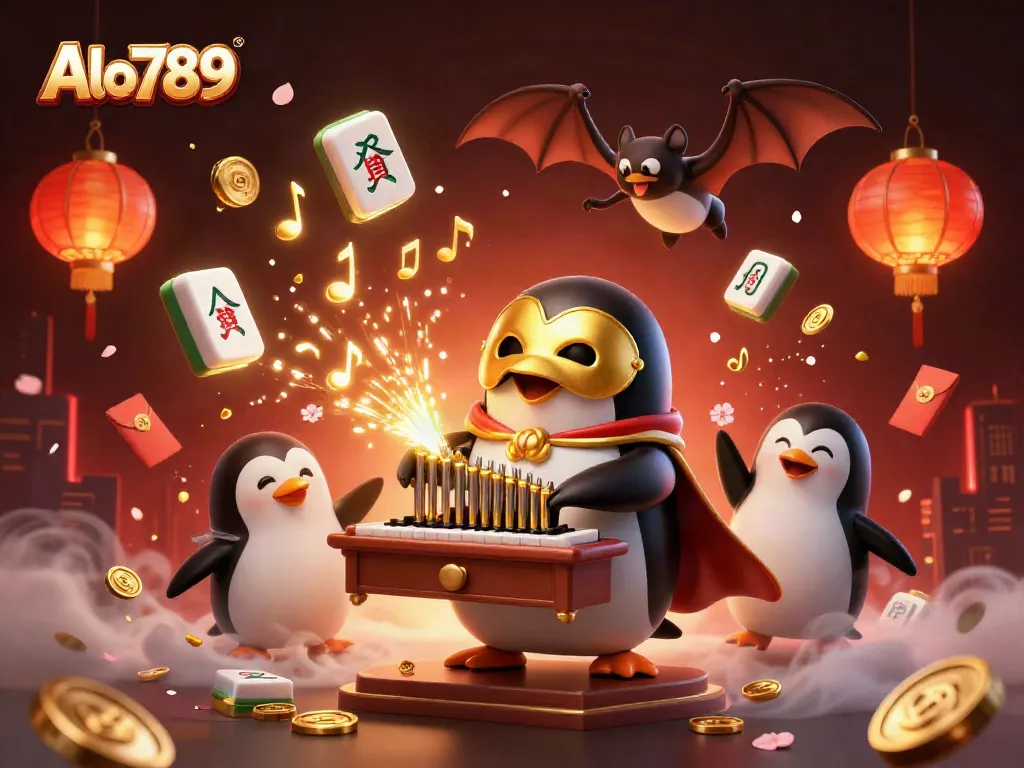 Alo789 showcases an iconic 3D scene with a phantom penguin and vibrant casino elements illustrating excitement and opportunity.