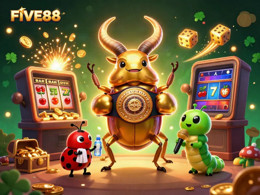 Step into excitement with FIVE88's vibrant casino scene featuring a golden stag beetle and dynamic gaming elements.