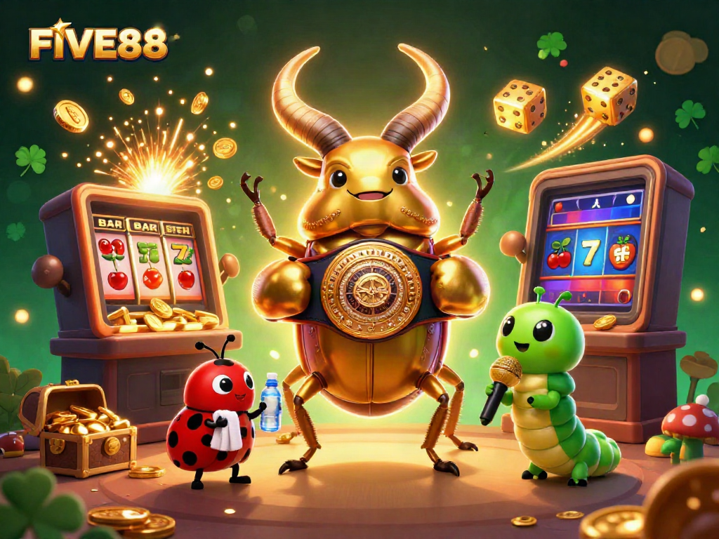 Step into excitement with FIVE88's vibrant casino scene featuring a golden stag beetle and dynamic gaming elements.
