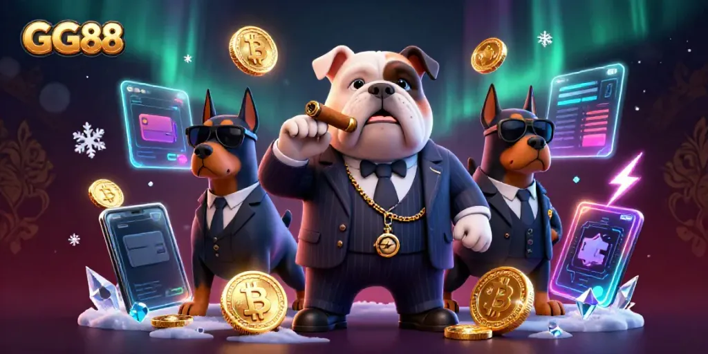Experience winning strategies in GG88’s dynamic casino scene with bulldog and Doberman characters.