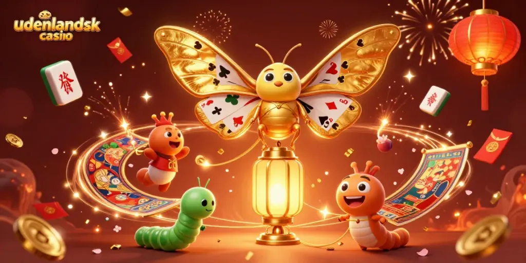 Experience the thrill of udenlandsk casino with vibrant 3D illustration featuring casino elements and a mesmerizing atlas moth.