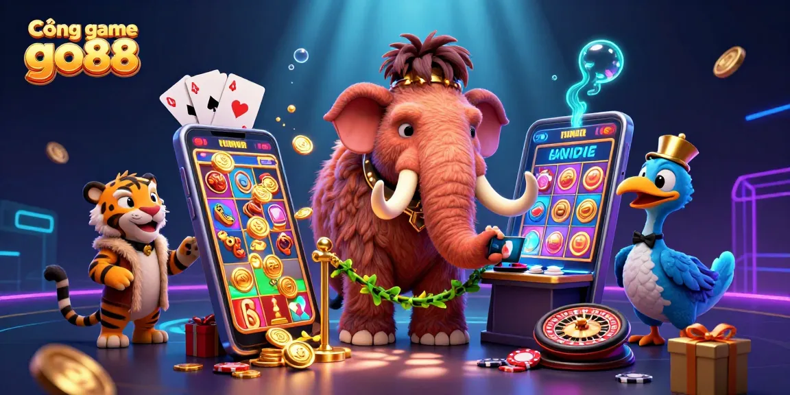 Cổng game go88 presents an exciting illustration of a casino with unique characters and dynamic gambling elements.
