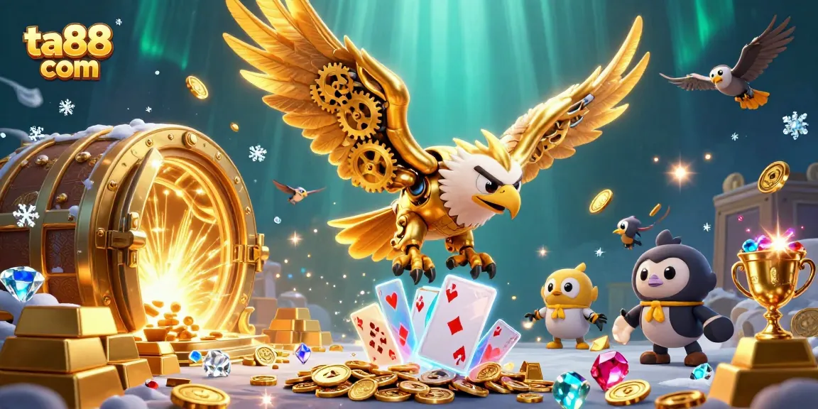 Experience ta88 com with a golden eagle diving through vibrant holographic cards among treasure.
