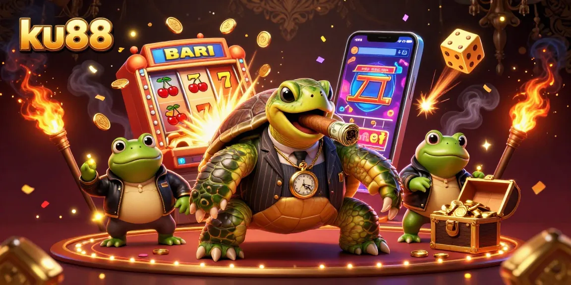 ku88's vibrant casino scene with a snapping turtle and bullfrog enforcers celebrating a jackpot.
