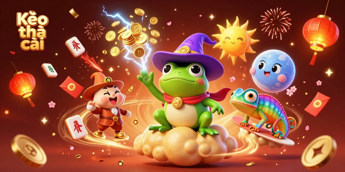 Experience Kèo nhà cái with a dynamic scene of a weather wizard frog and rainbow chameleon amidst riches.