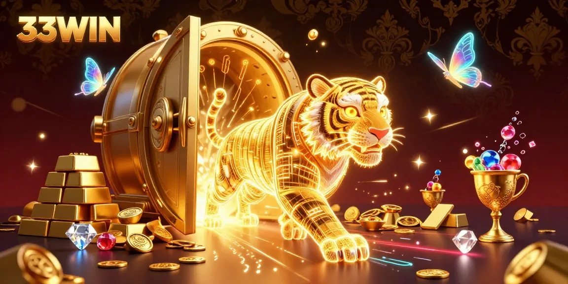 Engage in thrilling gameplay at 33WIN with vibrant neon-lit scenes showcasing a golden tiger and treasures.