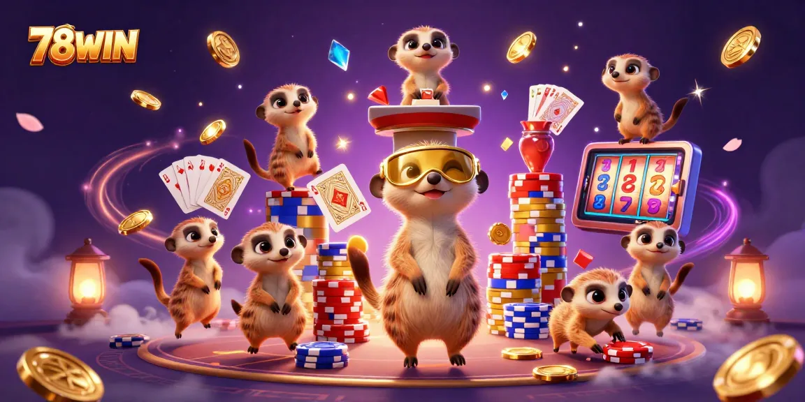 Immerse in gaming action at 78WIN with charming meerkats running a vibrant casino.