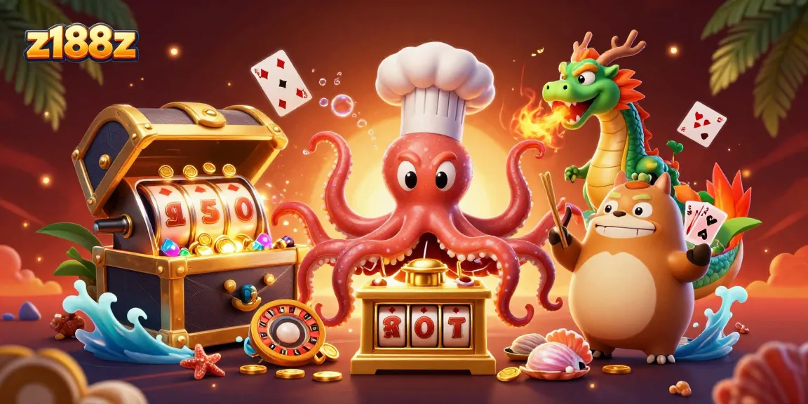 Enjoy z188z gaming action with a vibrant illustration of a sushi chef octopus and dragon at a slots scene.