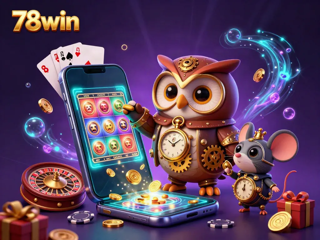Engage with 78win's vibrant casino game scene featuring an owl, mouse, phone, and rich visuals.