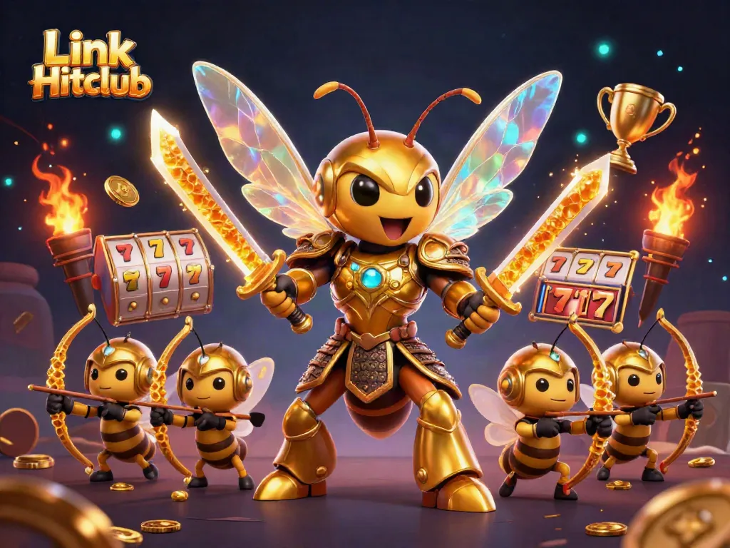 Immerse in the adventurous Link Hitclub experience with a golden hornet samurai and dynamic slot gaming elements.