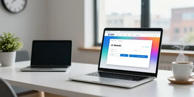Een professional registreert een .nl domeinnaam op een laptop, met een moderne werkomgeving en een productieve sfeer.